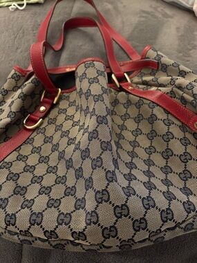 Authentic Gucci GG Canvas Tote with Red Leather Trim
